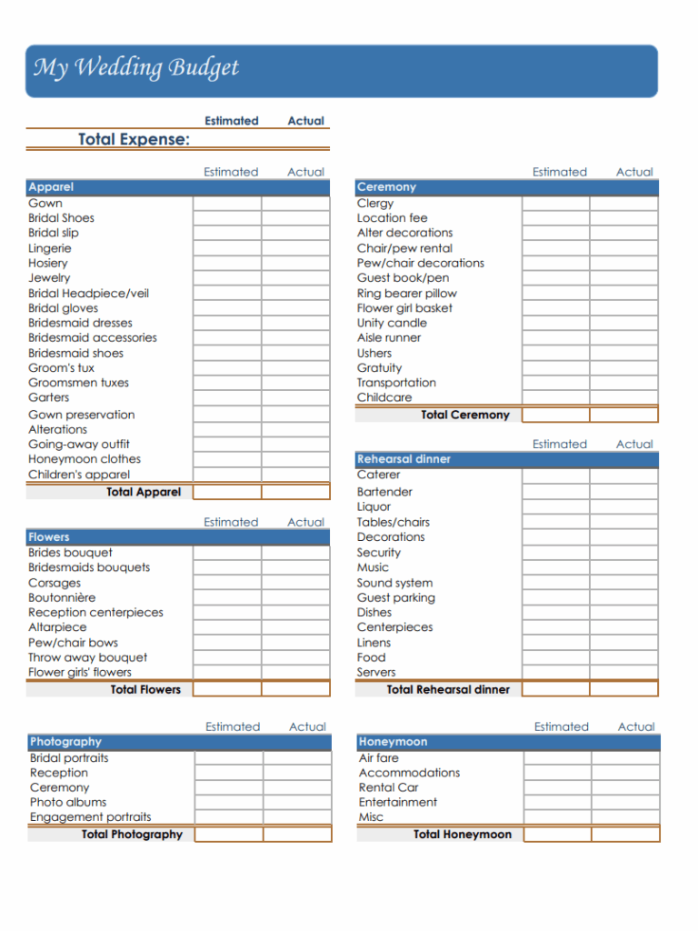 Blank Marriage Budget Template
