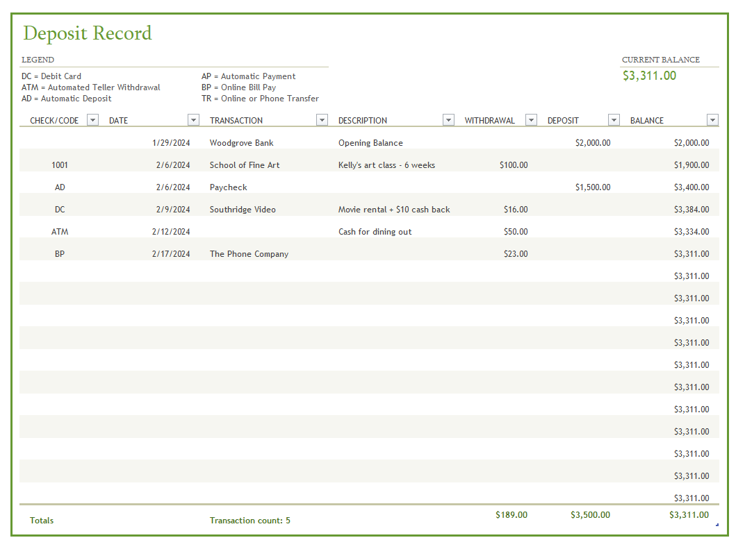 Free Deposit Record Template