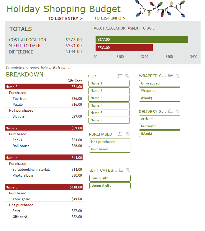 Holiday Shopping Budget Template Excel