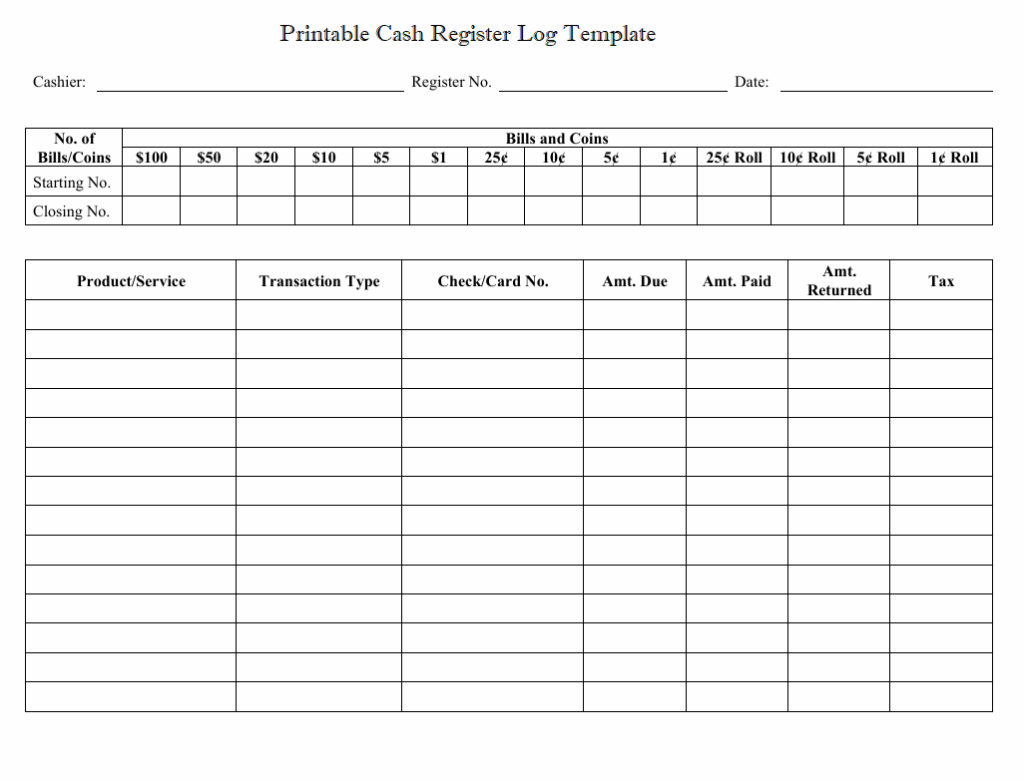 Printable Cash Register Log Template
