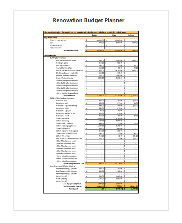 Renovation Budget Planner Template