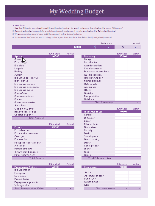 Wedding Budget Template Excel