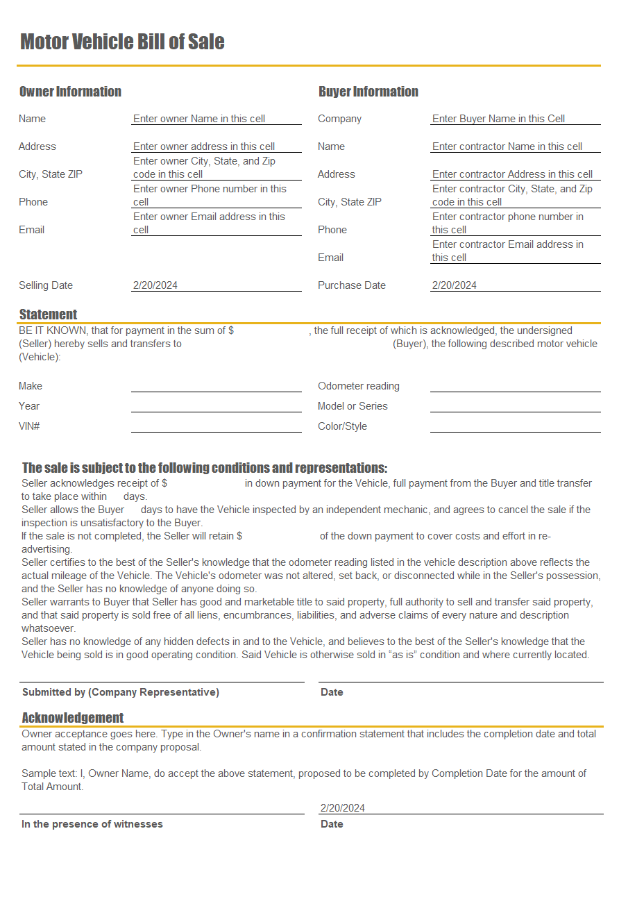 Bill of Sale Template Excel