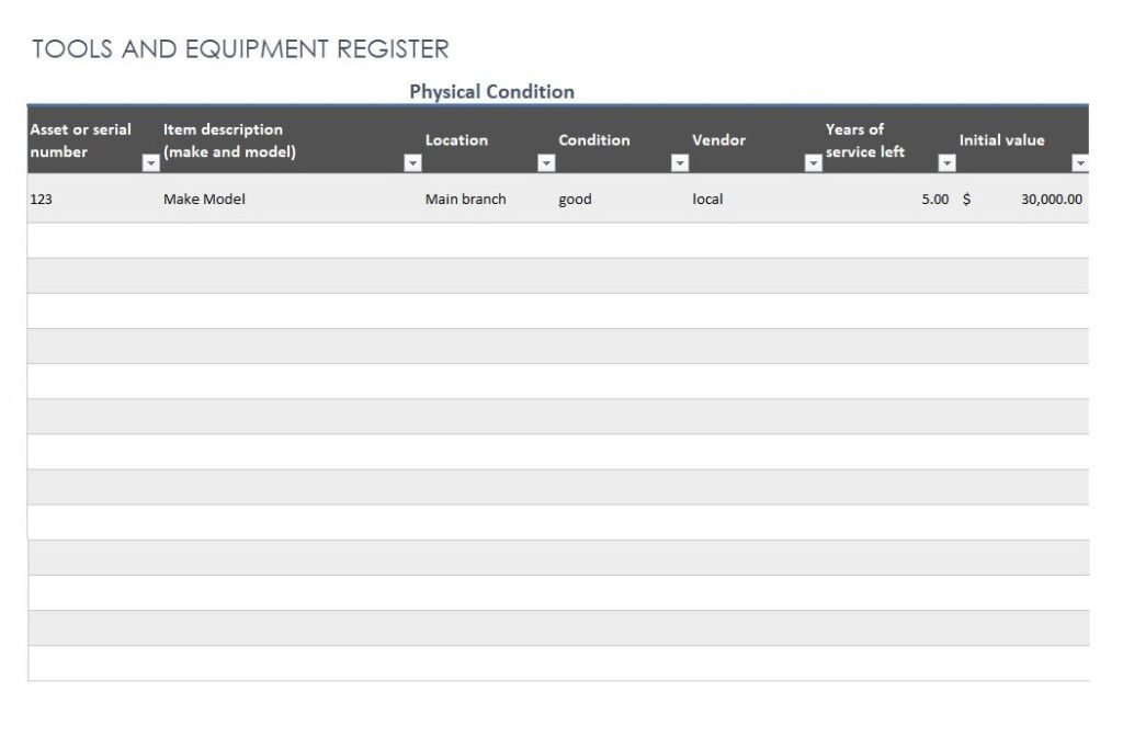 Free Equipment Register Template