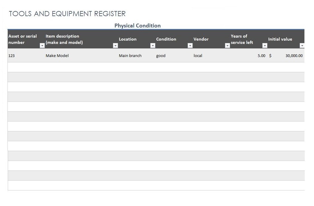 Free Equipment Register Template