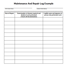 Maintenance And Repair Log Example