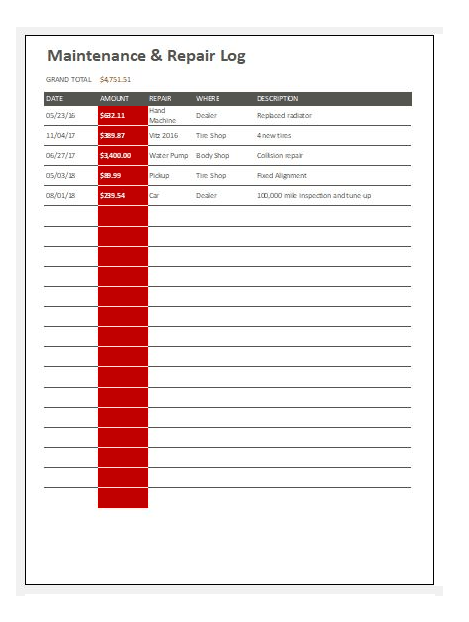 Maintenance And Repair Log Template Excel