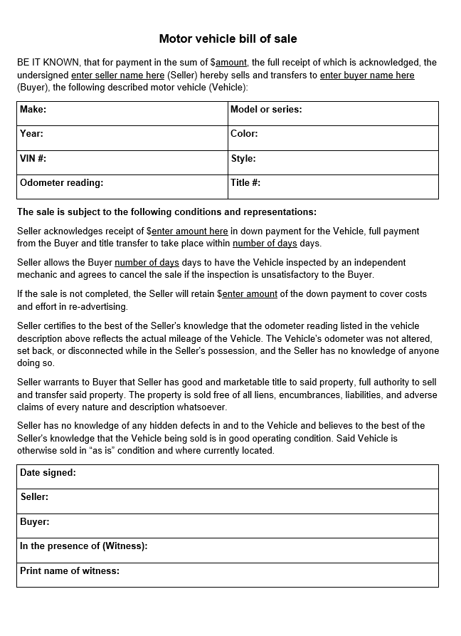 Motor Vehicle Bill of Sale Template