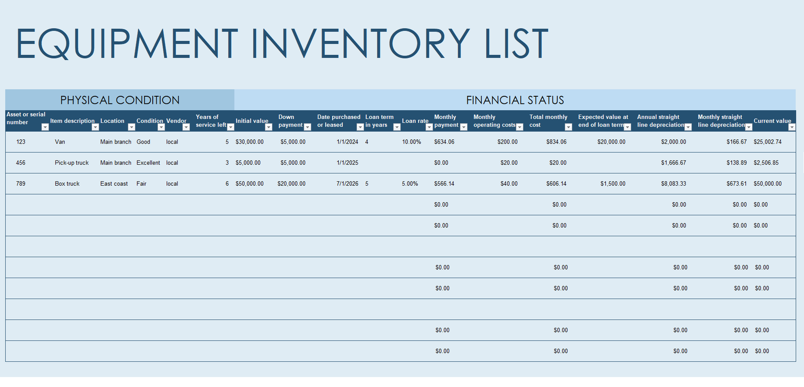 Printable Equipment Register Template