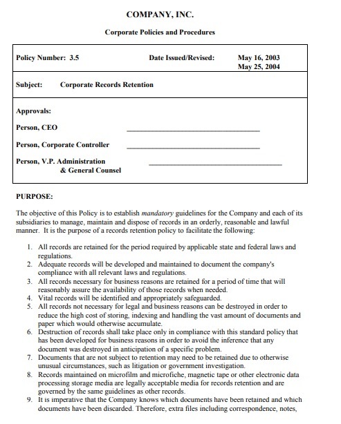 Record Retention Worksheet Template