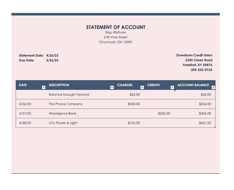 Sample Statement Of Account Template