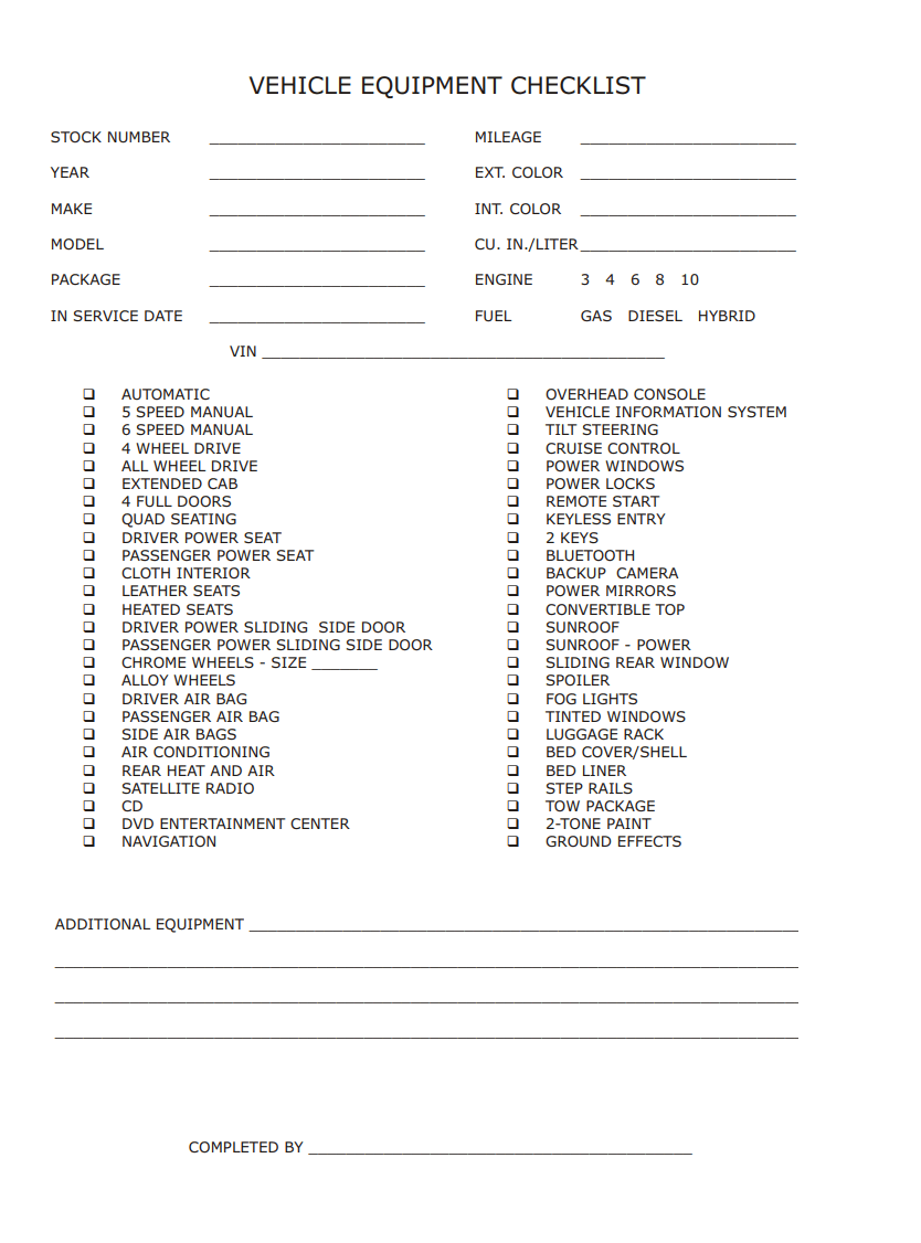 Vehicle Equipment Maintenance Checklist Sample