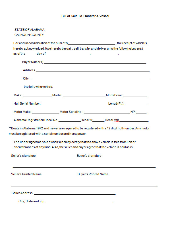 Vessel Bill of Sale Template