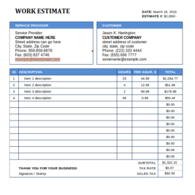 Work Estimate Format
