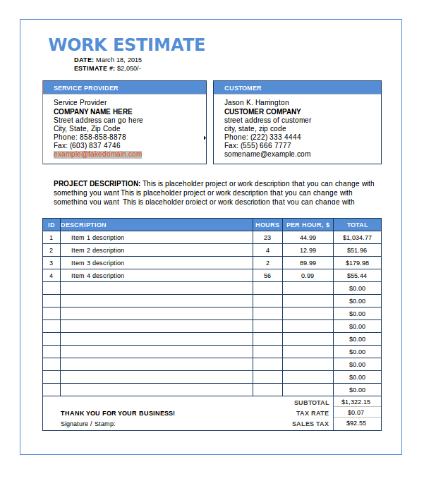 Work Estimate Template Excel