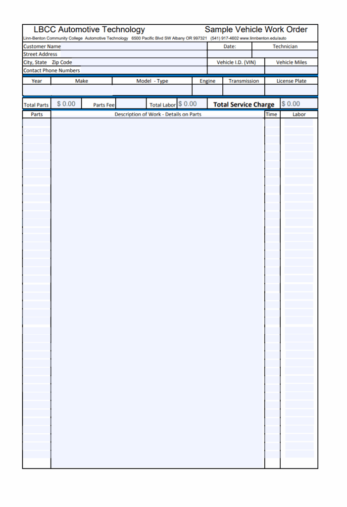 Auto Repair Invoice Format
