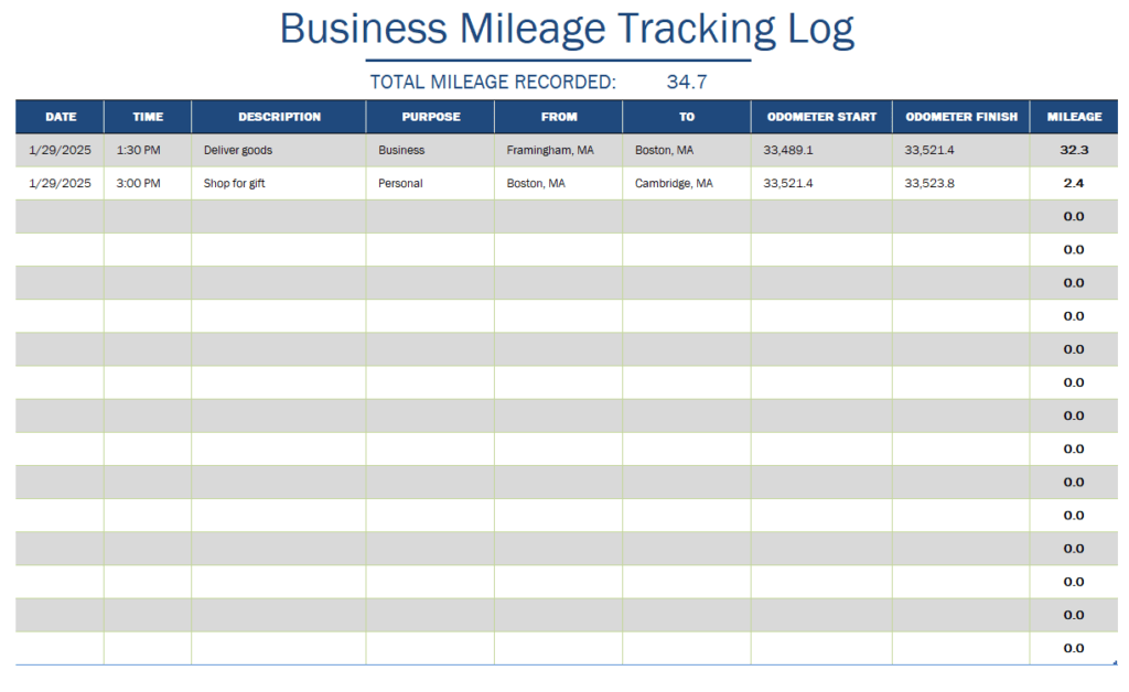 Business Mileage Tracking Log Template