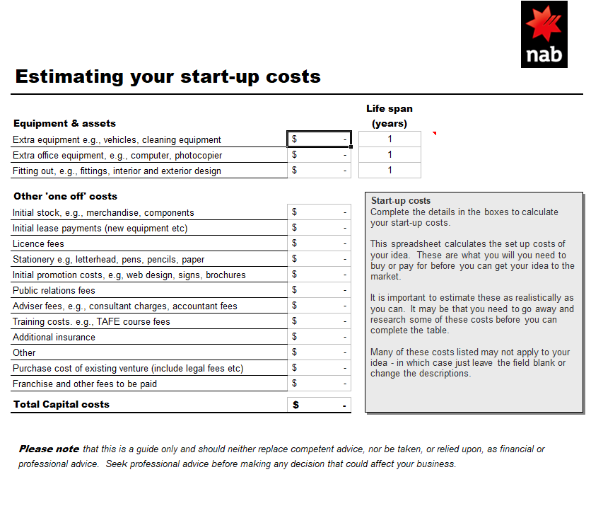 Business Startup Costs Calculator Template MS Excel