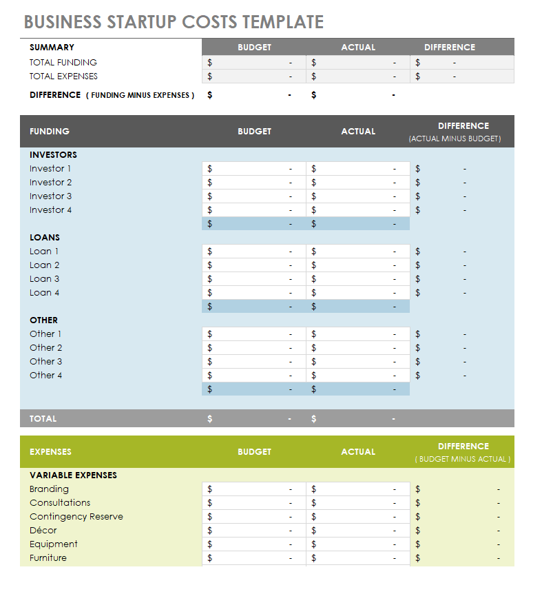 Free Business Startup Costs Calculator Template