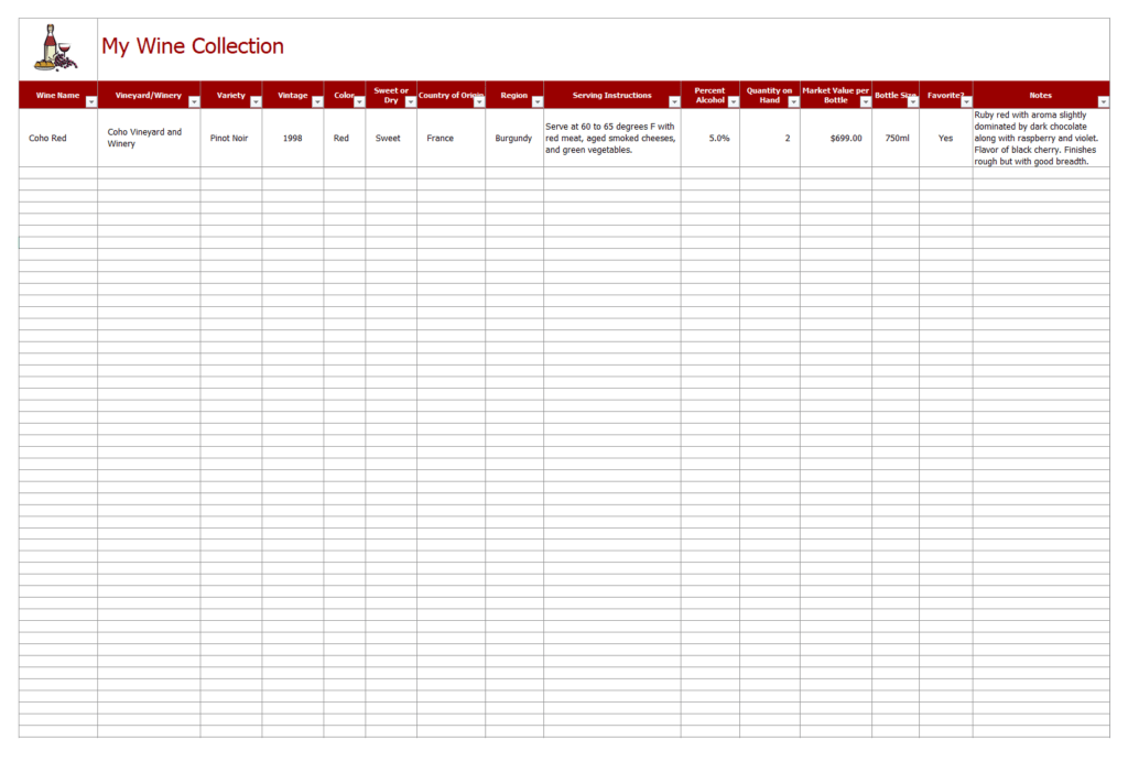 Free Wine Collection Inventory Template