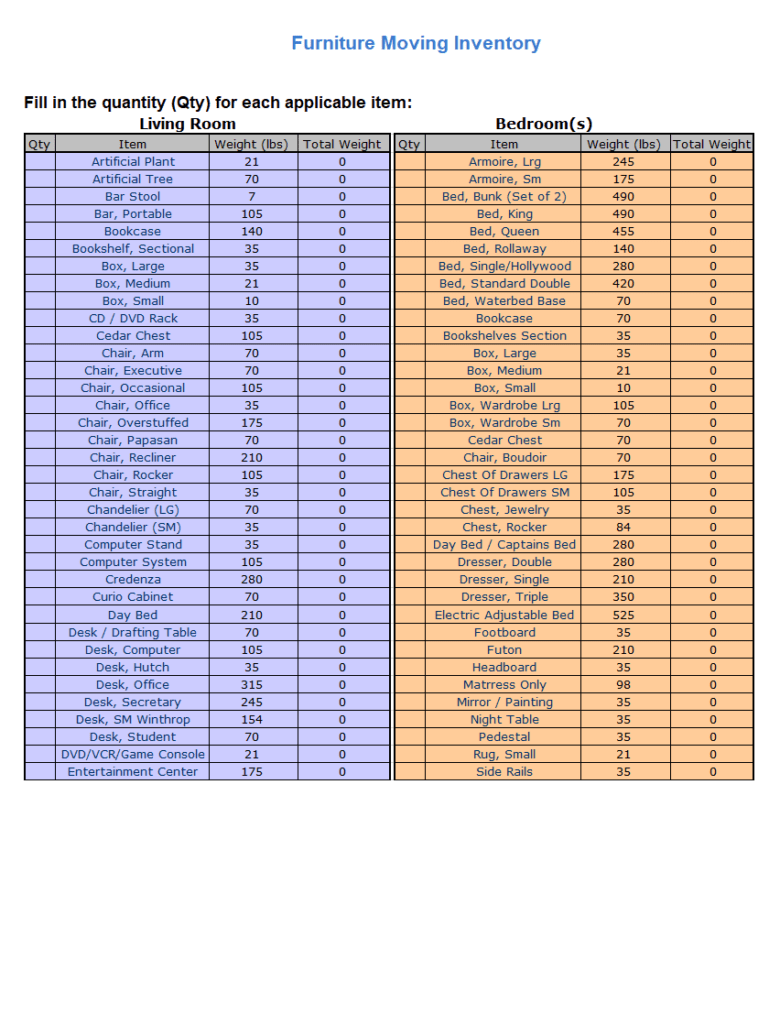 Furniture Moving Inventory Template