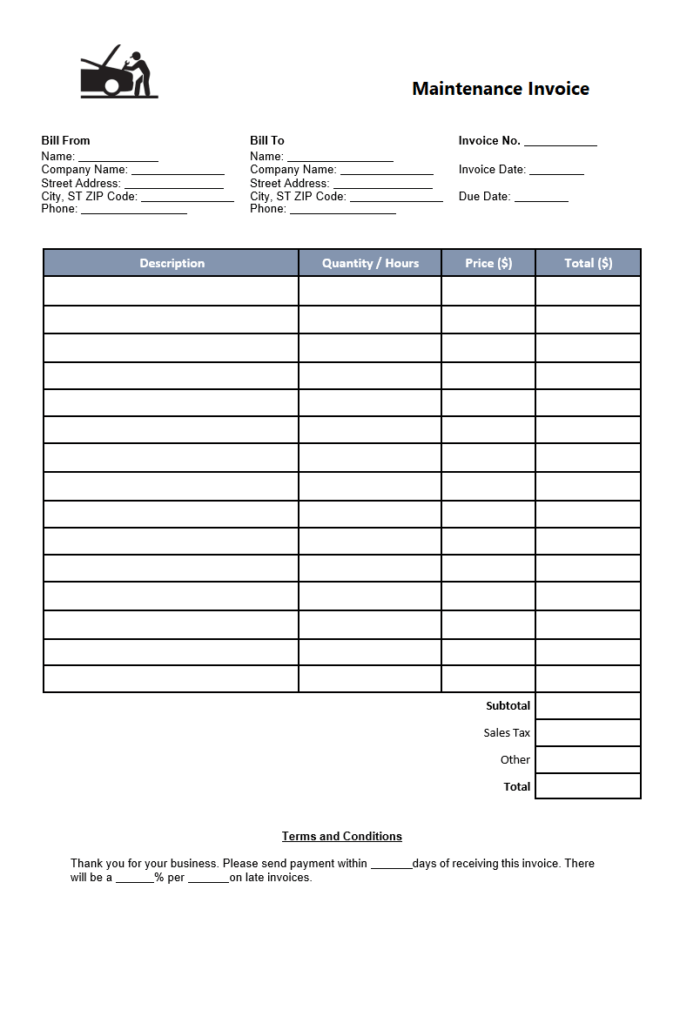 Maintenance Invoice Template Excel