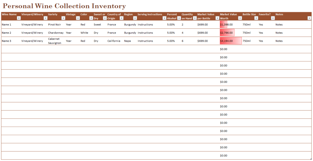 Personal Wine Collection Inventory Template