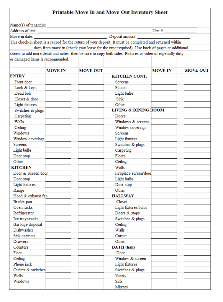 Printable Moving Inventory Sheet Template