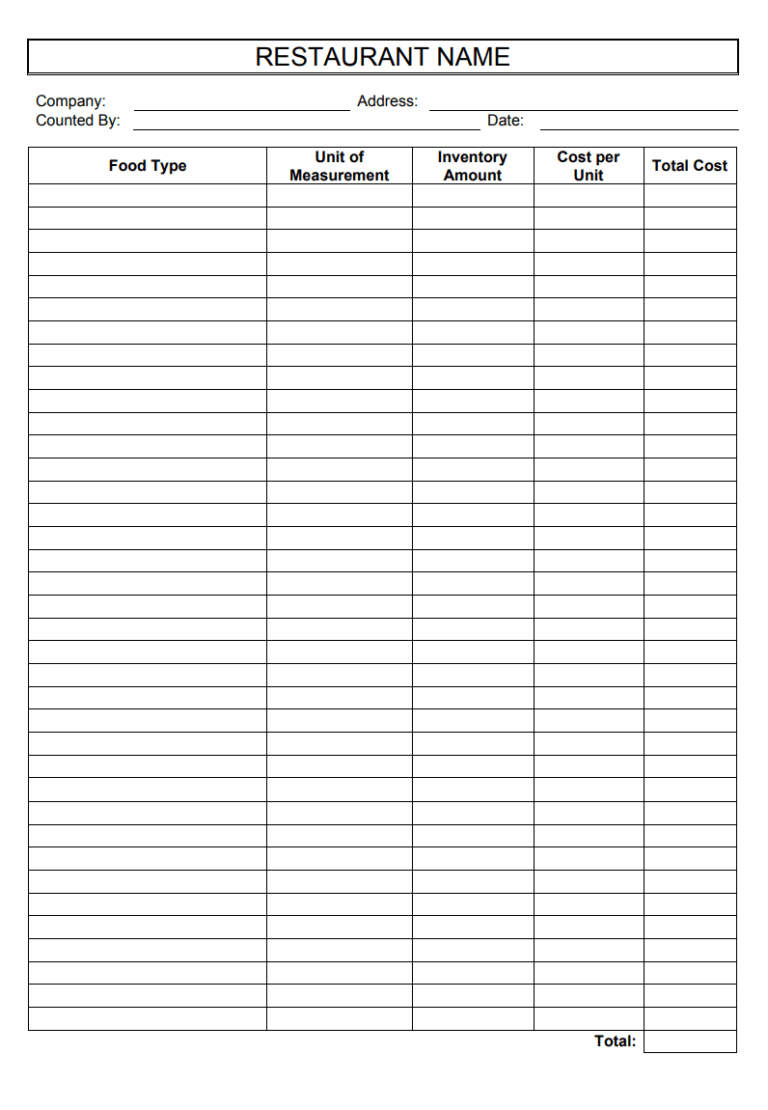 Printable Restaurant Inventory Sheet Template PDF | Free Excel Templates