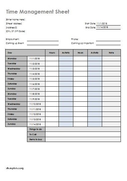 Time Management Sheet Template