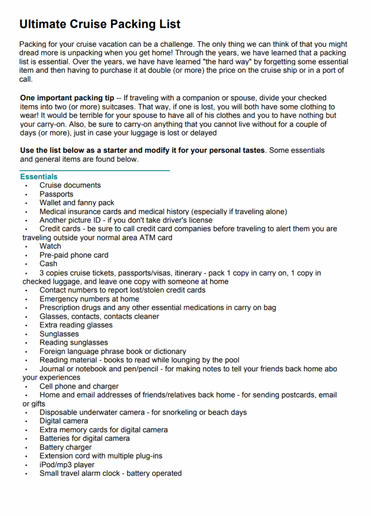 Cruise Packing List Template PDF