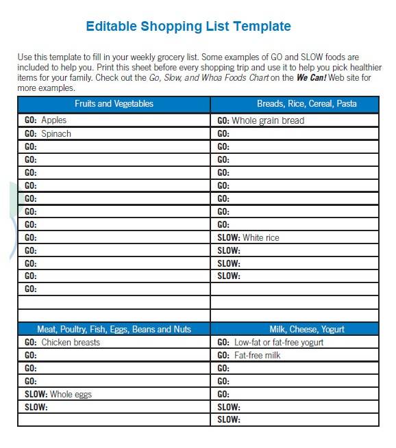 Editable Shopping List Template