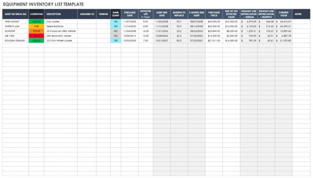 Equipment Inventory List Template
