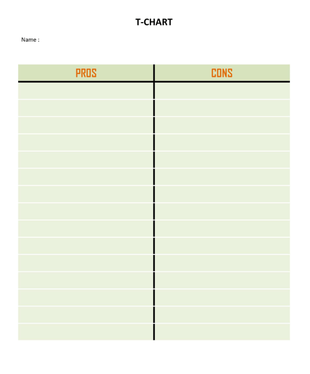 T-Chart Pros and Cons List Template Excel