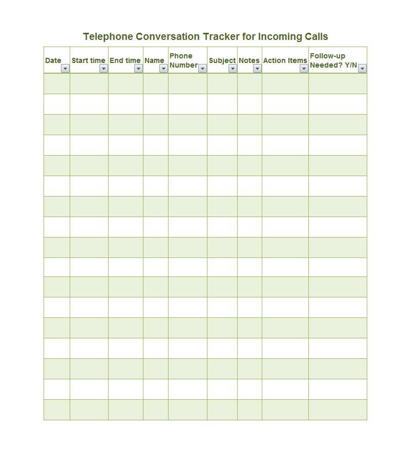 Telephone Call Conversation Tracker List Template Excel