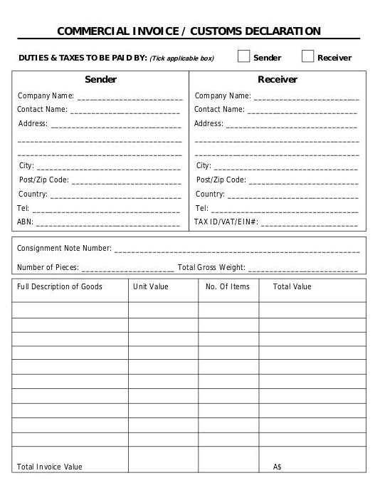 Customs Commercial Invoice Template