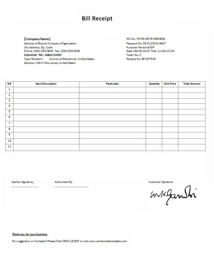 Bill Receipt Templates 21 Free Printable Xlsx Docs PDF Formats Samples Examples Forms