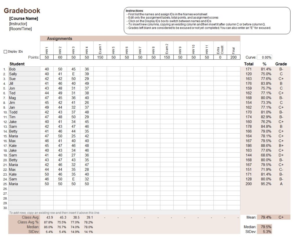 Class Gradebook Calculator Template Free Excel Templates
