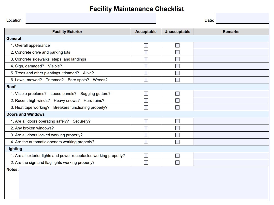 Facility Maintenance Checklist Format