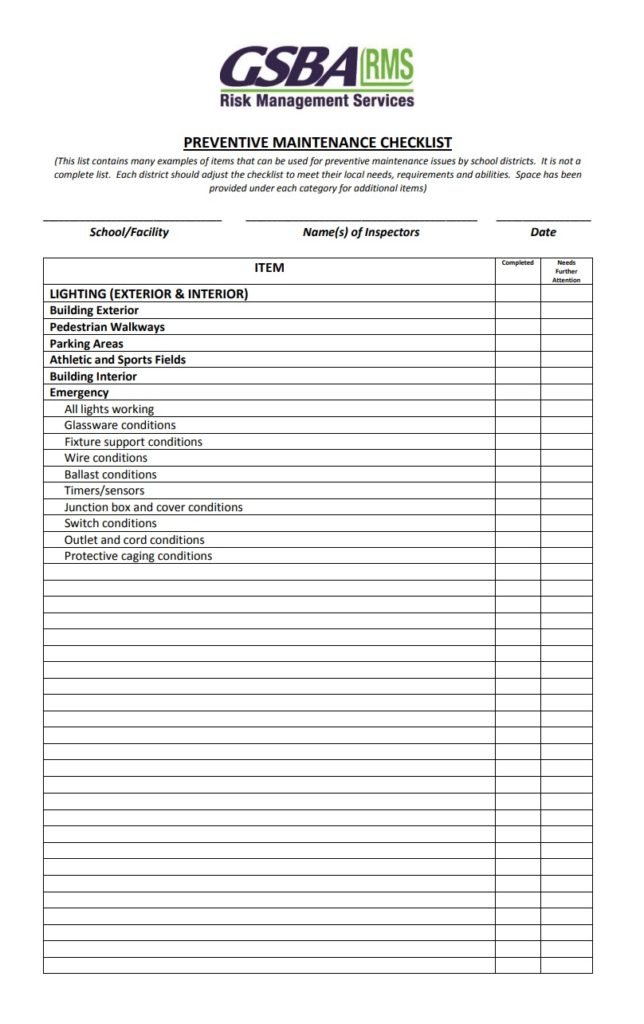 Facility Preventive Maintenance Checklist Template