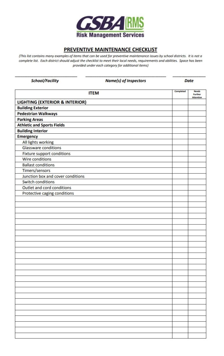 Facility Preventive Maintenance Checklist Template Free Excel Templates