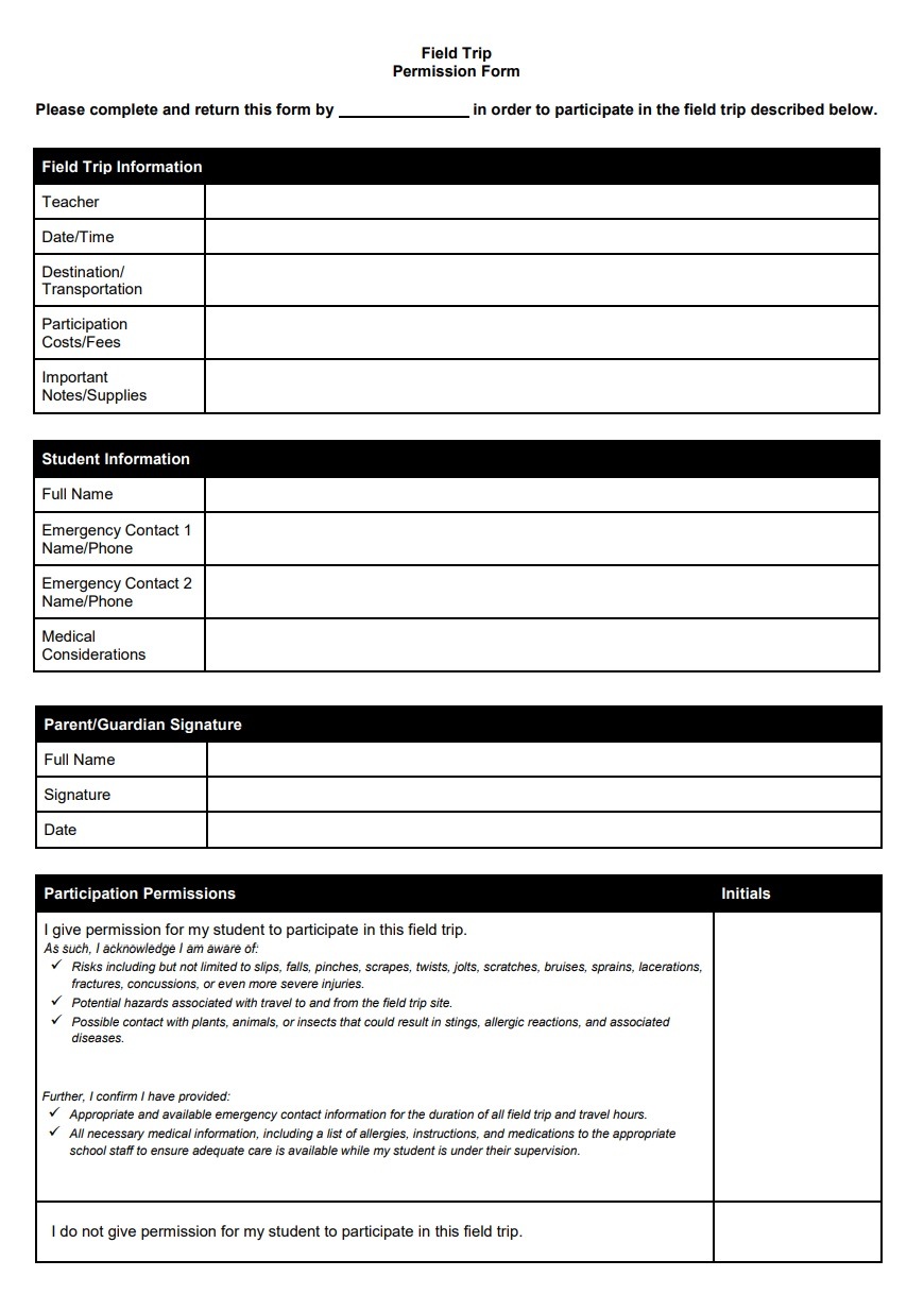 School Field Trip Permission Form