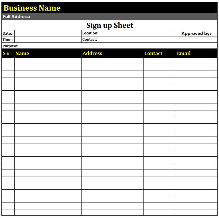 Sign Up Sheet Format