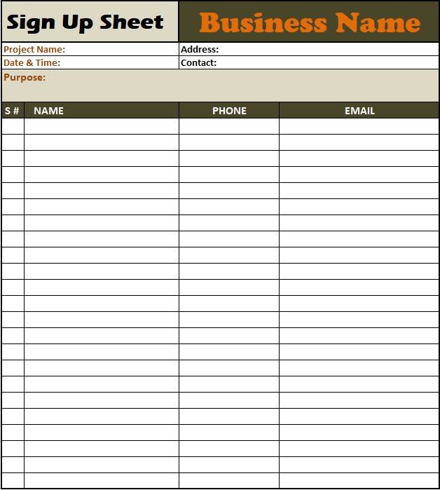 Sign up Sheet Template