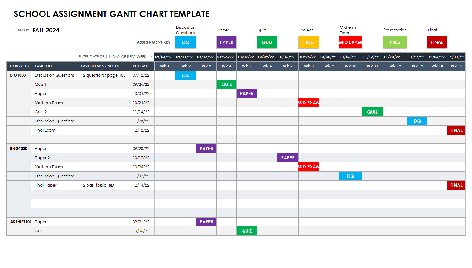School Assignment Gantt Chart Template