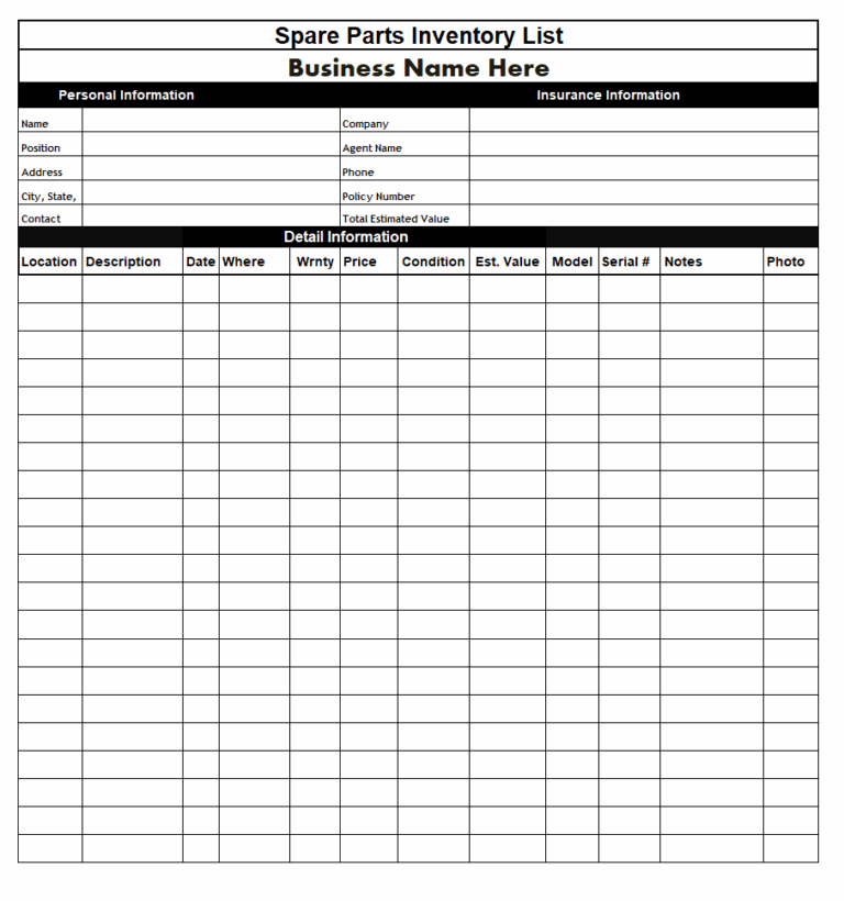 Spare Parts Inventory List Template | Free Excel Templates