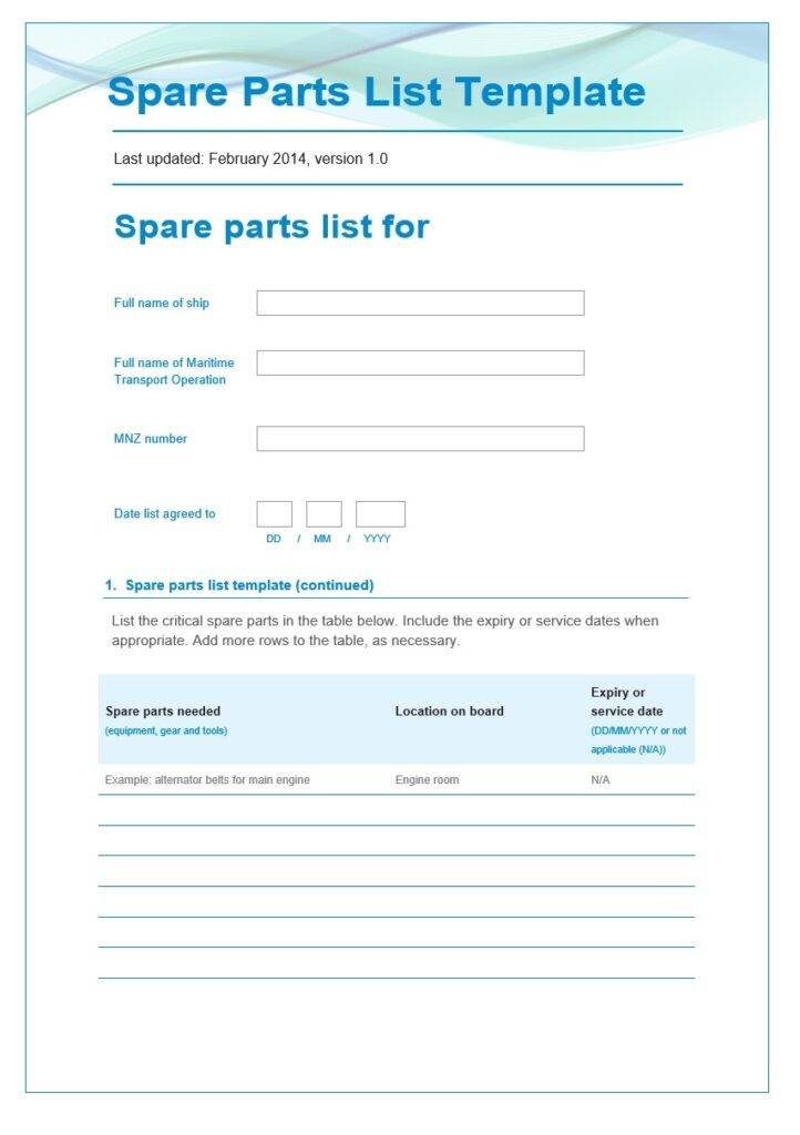 Spare Parts List Template MS Word