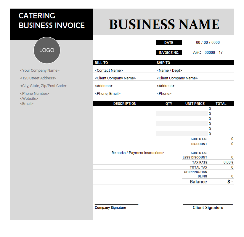 Catering Business Invoice Template MS Excel