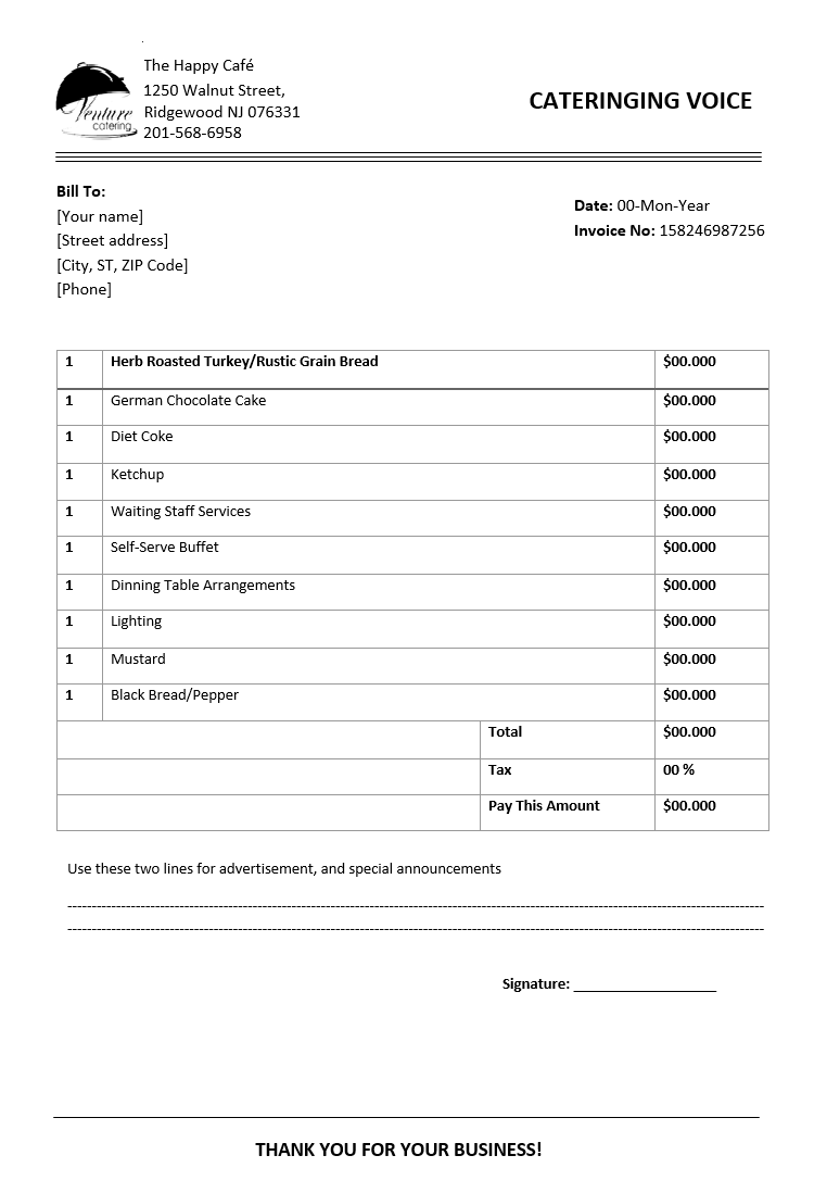 Free Catering Business Invoice Template
