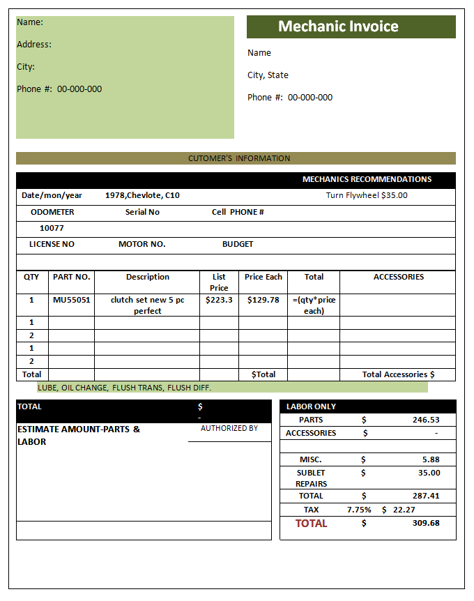 Mechanic Invoice Template